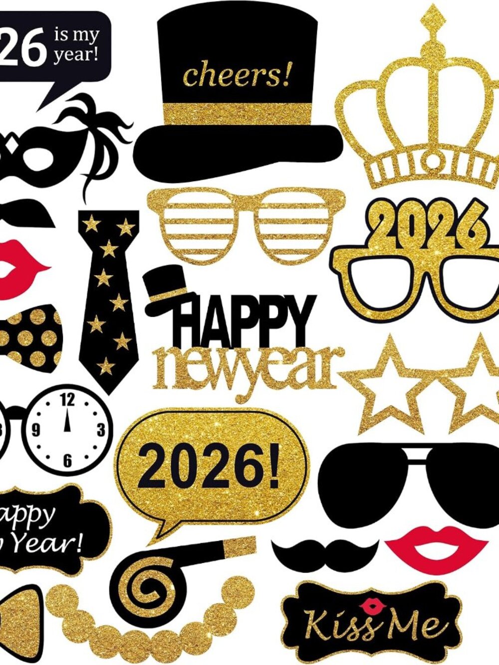 New Years Photo Booth Props 2026, Pack of 24